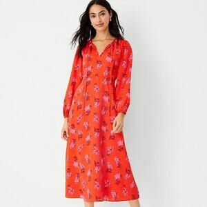 Ann Taylor Floral Tie Neck Blouson Sleeve Midi Sundress Orange Womens 12P NWT